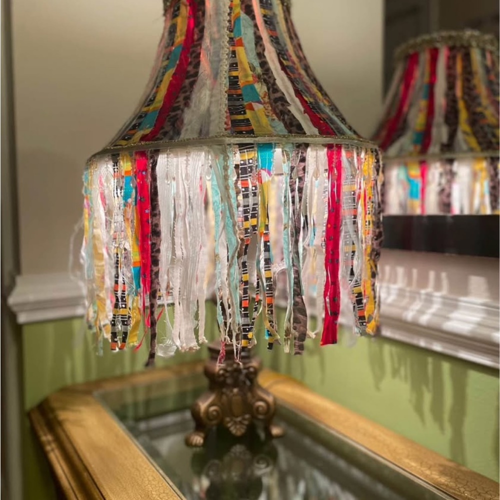 Red and Yellow Decorative Fringe Accent Upcycled Brass Lamp